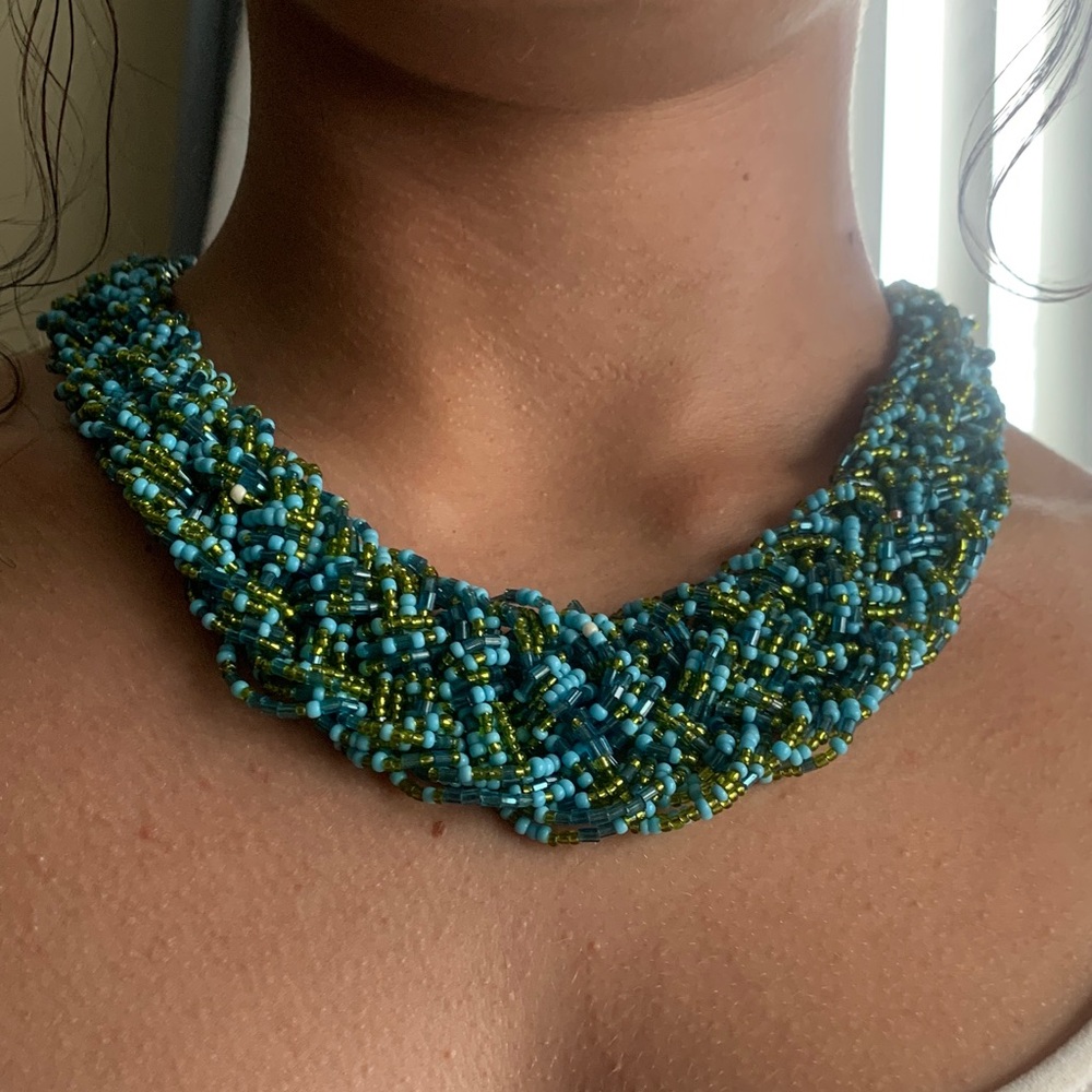 Vintage Beaded Necklace     Blue and Greenish Gold